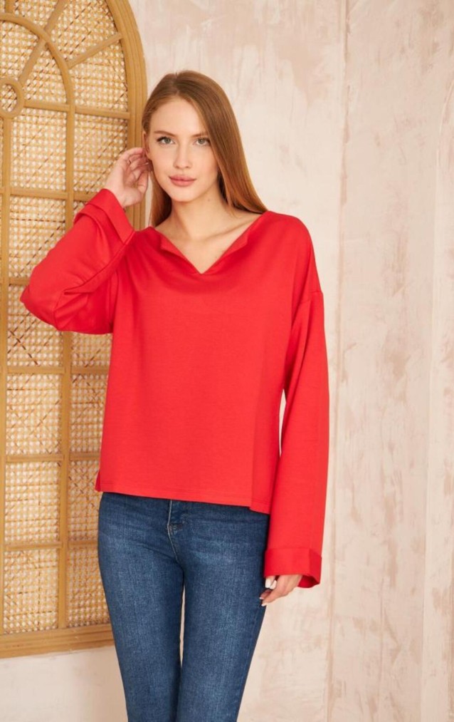 Pasaklı Giyim Kadın Duble Kol / Yakası Yırtmaçlı Salaş Sweatshirt 3470190 Kırmızı