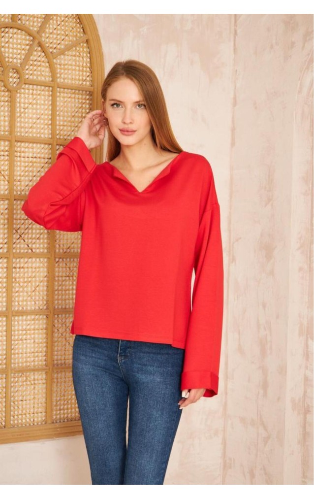 Pasaklı Giyim Kadın Duble Kol / Yakası Yırtmaçlı Salaş Sweatshirt 3470190 Kırmızı