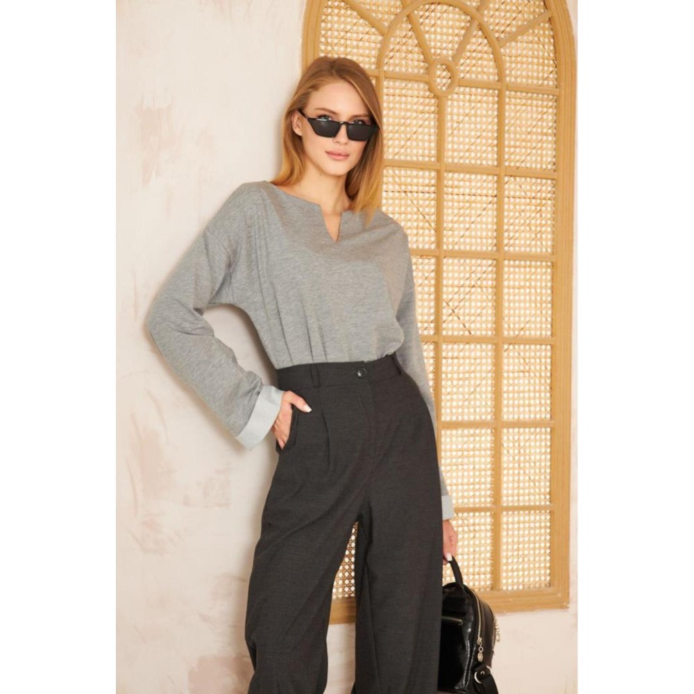 Pasaklı Giyim Pasaklı Giyim Kadın Duble Kol / Yakası Yırtmaçlı Salaş Sweatshirt Gri - Premium Kadın Giyim