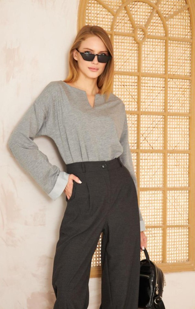 Pasaklı Giyim Kadın Duble Kol / Yakası Yırtmaçlı Salaş Sweatshirt 3470190 Gri