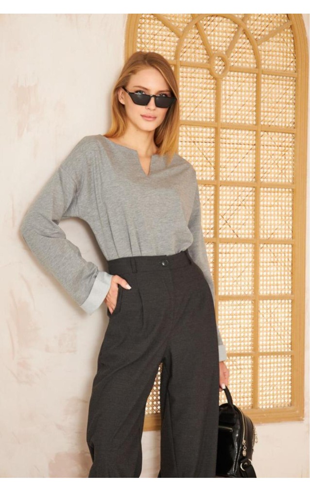 Pasaklı Giyim Kadın Duble Kol / Yakası Yırtmaçlı Salaş Sweatshirt 3470190 Gri