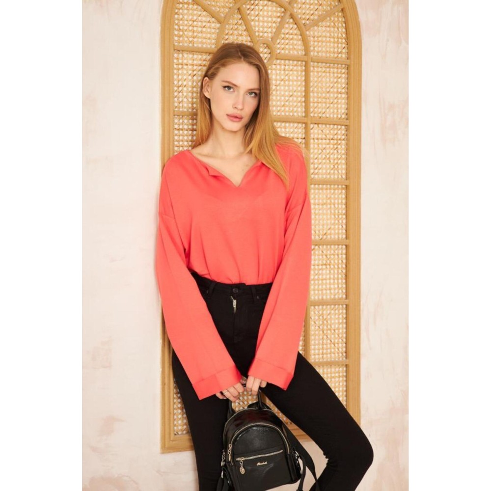 Pasaklı Giyim Pasaklı Giyim Kadın Duble Kol / Yakası Yırtmaçlı Salaş Sweatshirt Mercan - Premium Kadın Giyim