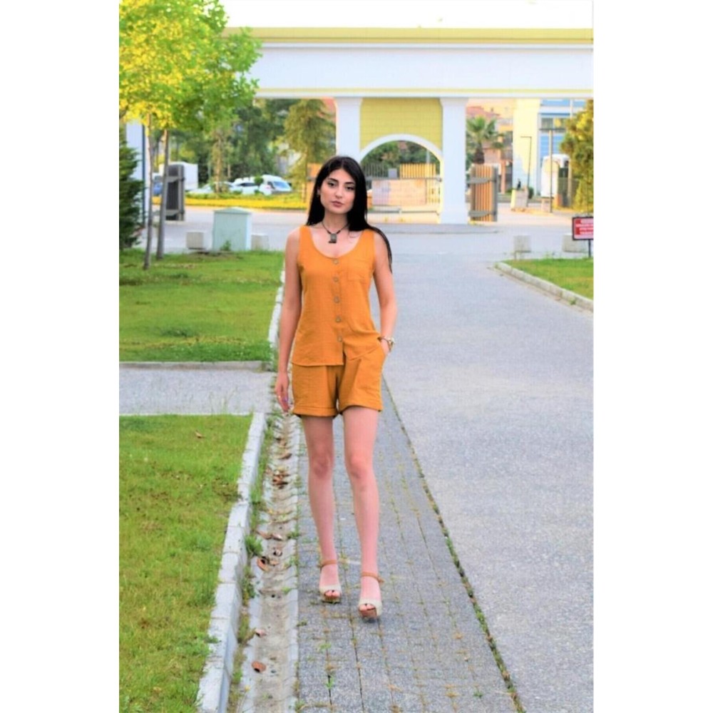 Pasaklı Giyim Pasaklı Giyim Kadın Düğmeli Askılı Bluz Hardal - Premium Kadın Giyim