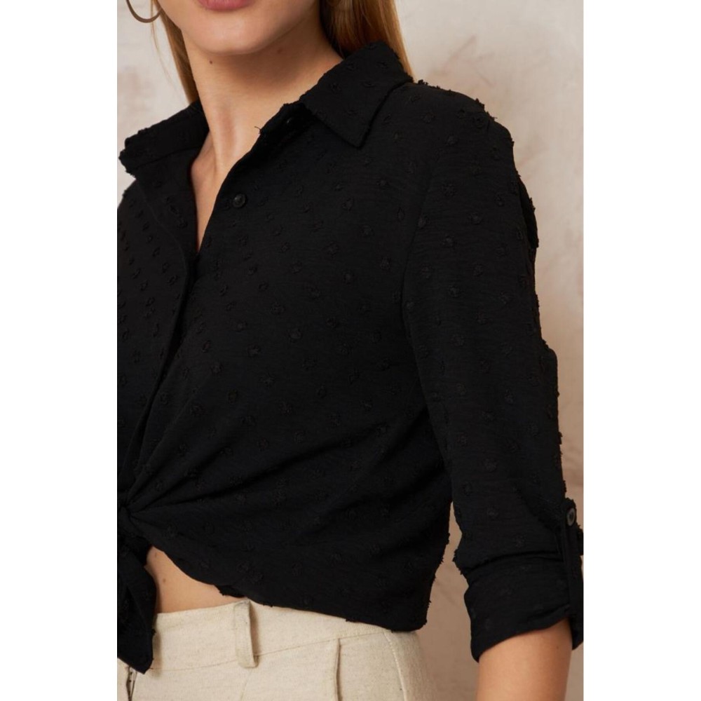 Pasaklı Giyim Pasaklı Giyim Ponponlu Slim Fit Uzun Kollu Gömlek Siyah - Premium Kadın Giyim