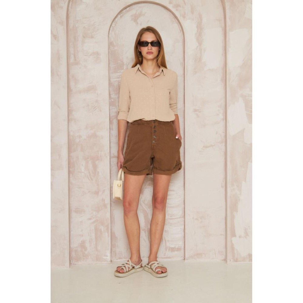 Pasaklı Giyim Pasaklı Giyim Ponponlu Slim Fit Uzun Kollu Gömlek Taş - Premium Kadın Giyim