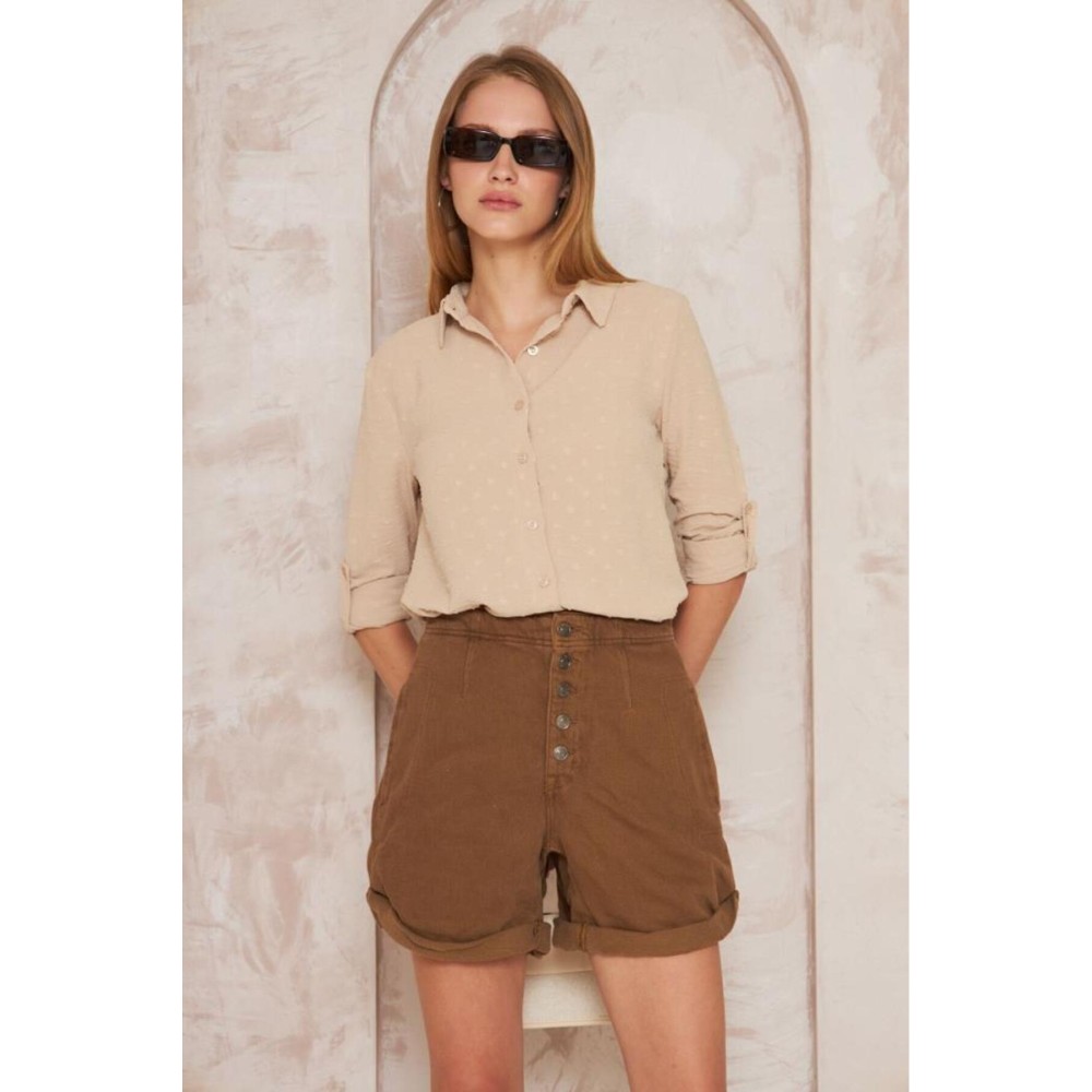 Pasaklı Giyim Pasaklı Giyim Ponponlu Slim Fit Uzun Kollu Gömlek Taş - Premium Kadın Giyim