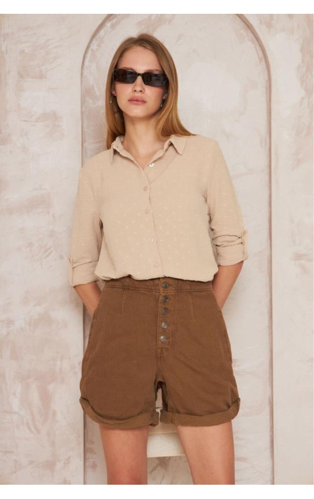 Pasaklı Giyim  Ponponlu Slim Fit Uzun Kollu Gömlek 3621240 Taş