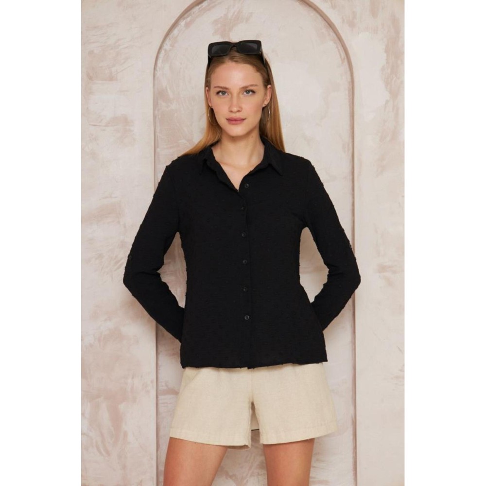 Pasaklı Giyim Pasaklı Giyim Ponponlu Slim Fit Uzun Kollu Gömlek Siyah - Premium Kadın Giyim