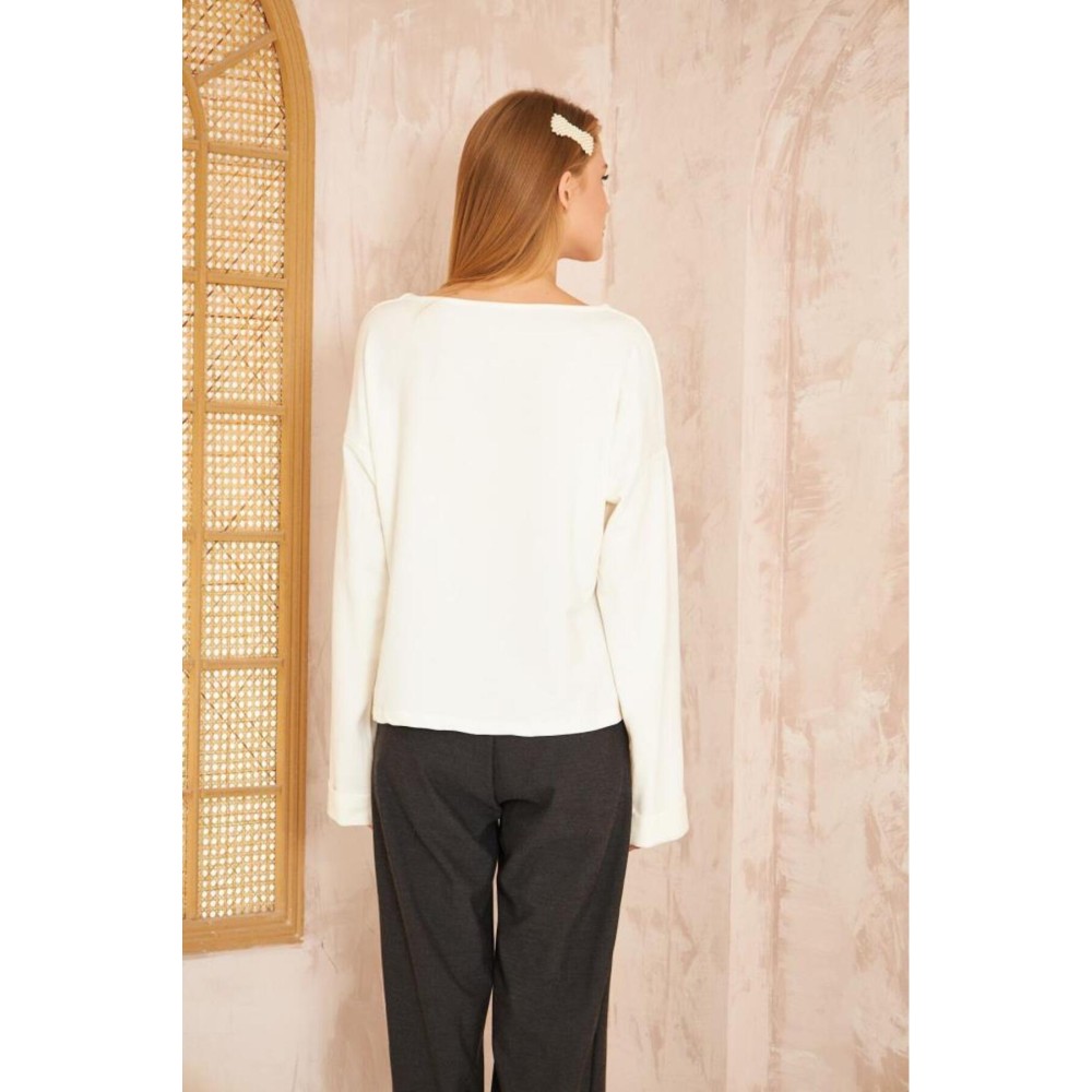 Pasaklı Giyim Pasaklı Giyim Kadın Duble Kol / Yakası Yırtmaçlı Salaş Sweatshirt Beyaz - Premium Kadın Giyim