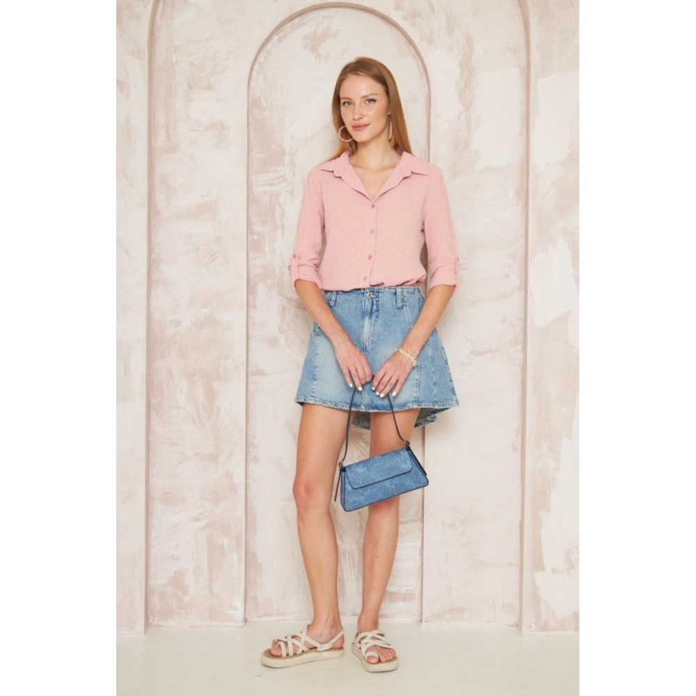 Pasaklı Giyim Pasaklı Giyim Ponponlu Slim Fit Uzun Kollu Gömlek Pudra - Premium Kadın Giyim