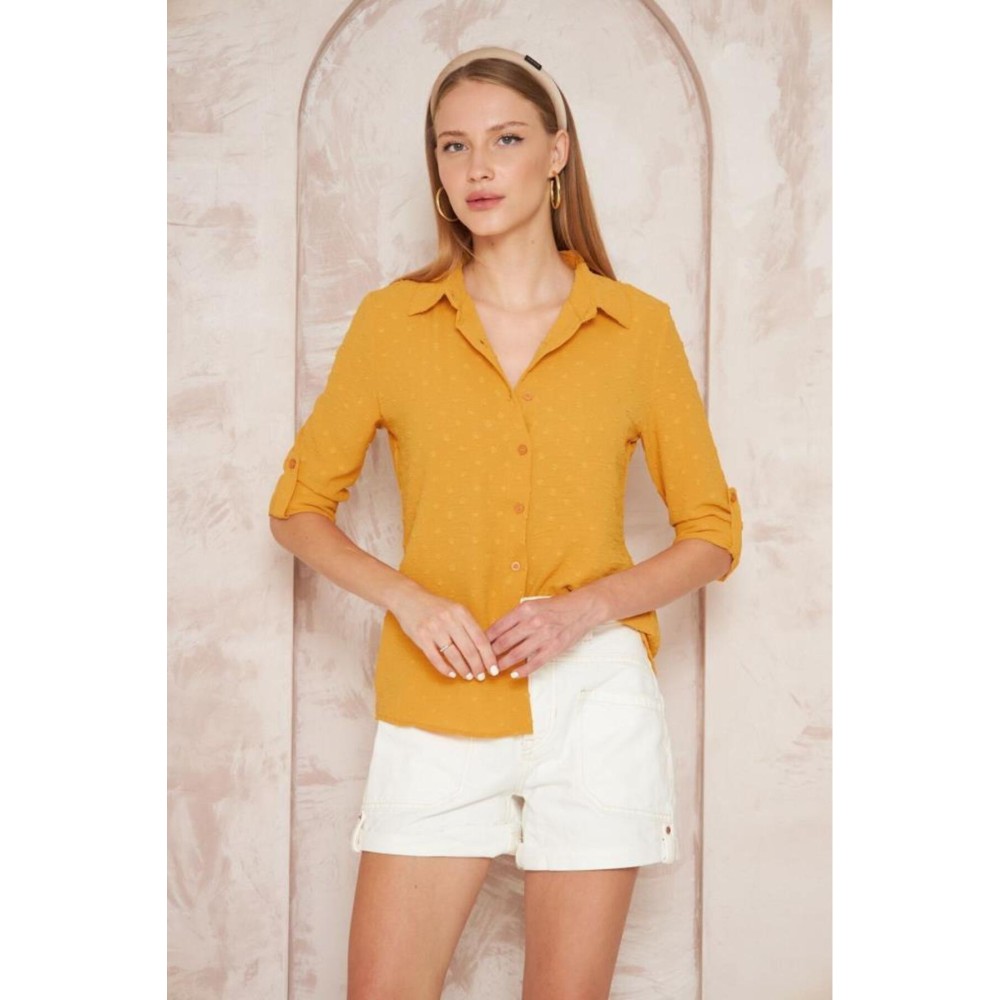 Pasaklı Giyim Pasaklı Giyim Ponponlu Slim Fit Uzun Kollu Gömlek Hardal - Premium Kadın Giyim