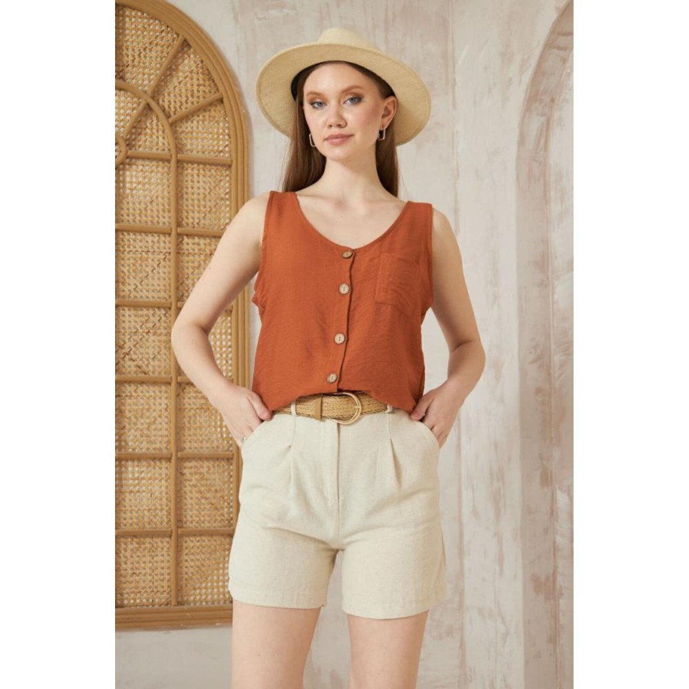 Pasaklı Giyim Pasaklı Giyim Kadın Düğmeli Askılı Bluz Kiremit - Premium Kadın Giyim