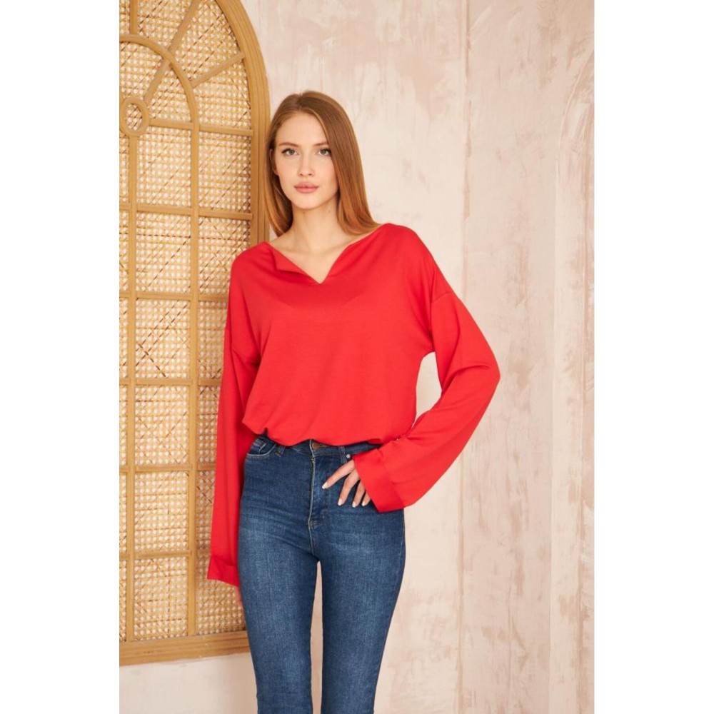 Pasaklı Giyim Pasaklı Giyim Kadın Duble Kol / Yakası Yırtmaçlı Salaş Sweatshirt Kırmızı - Premium Kadın Giyim