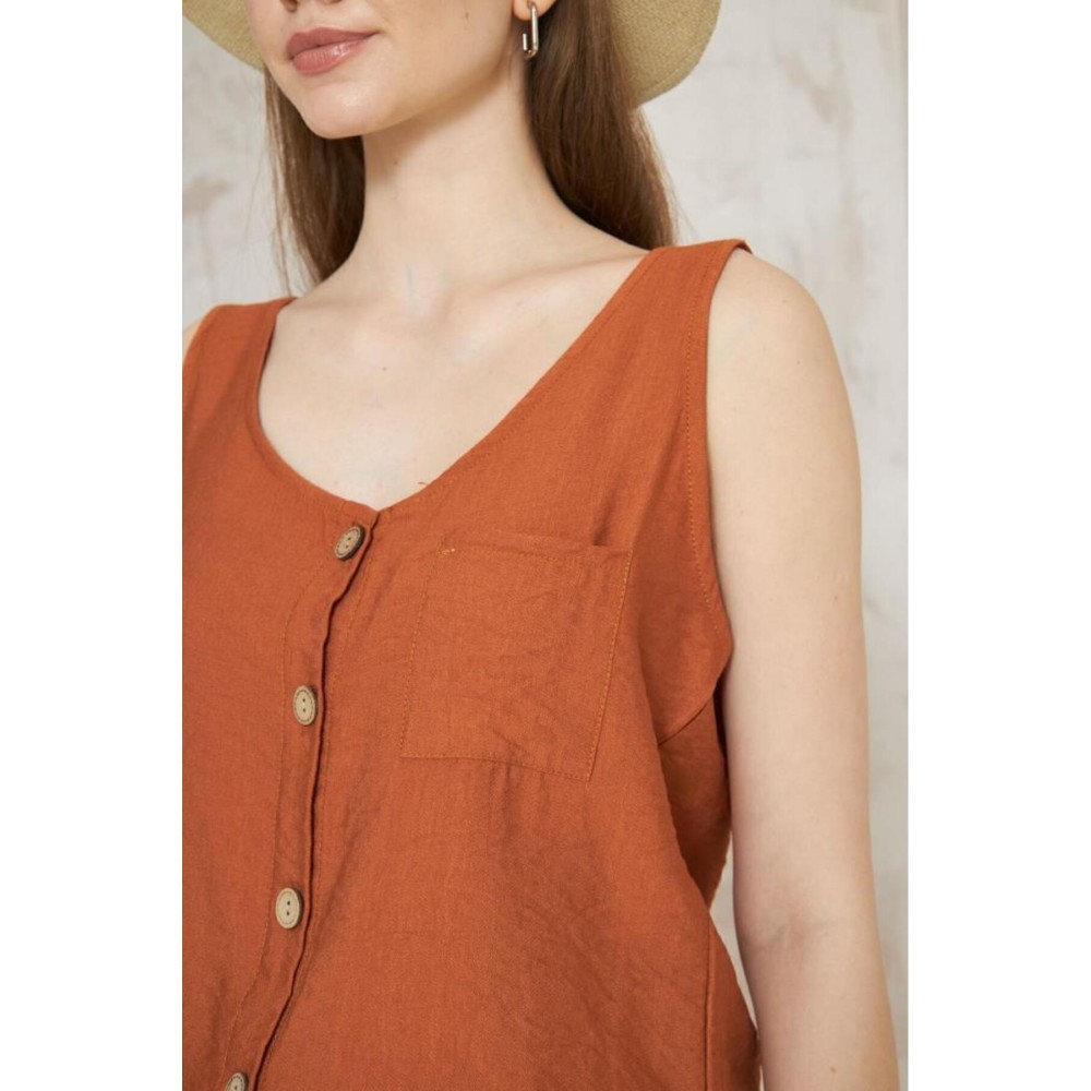 Pasaklı Giyim Pasaklı Giyim Kadın Düğmeli Askılı Bluz Kiremit - Premium Kadın Giyim