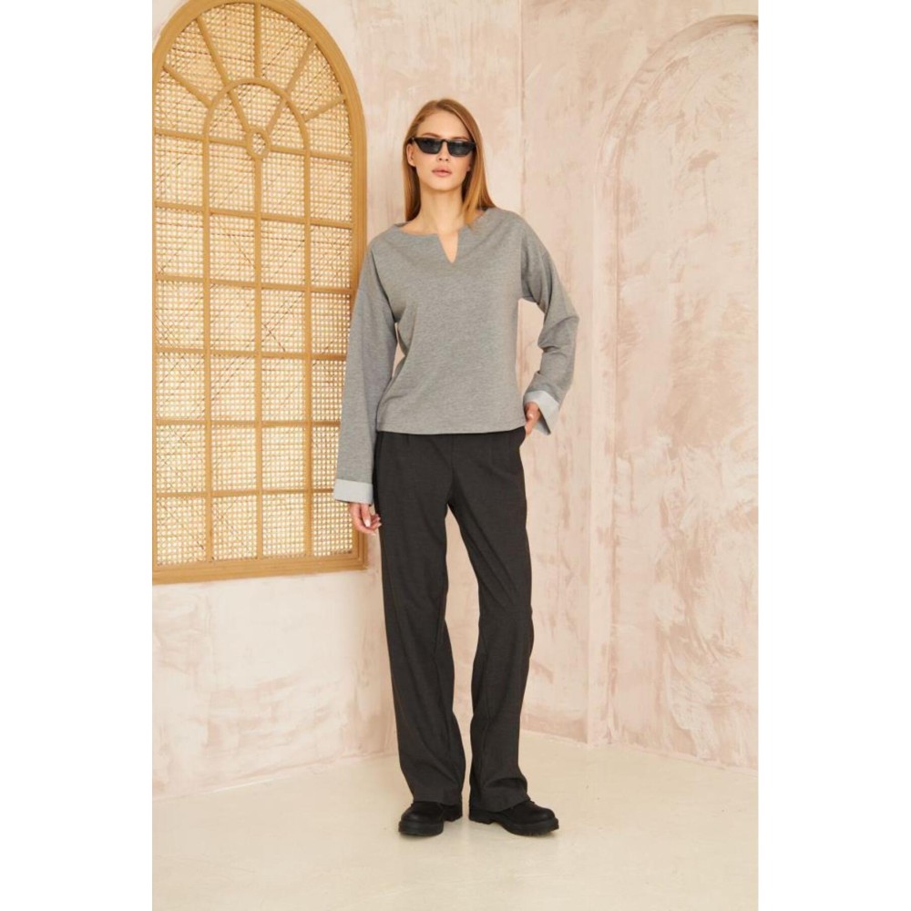 Pasaklı Giyim Pasaklı Giyim Kadın Duble Kol / Yakası Yırtmaçlı Salaş Sweatshirt Gri - Premium Kadın Giyim