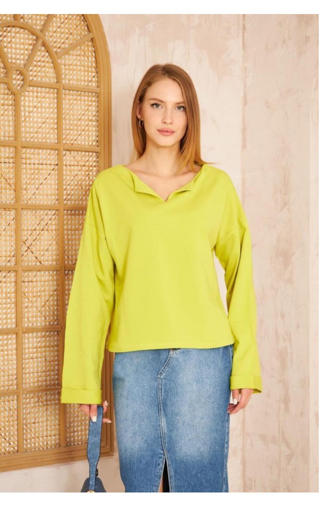 Pasaklı Giyim Kadın Duble Kol / Yakası Yırtmaçlı Salaş Sweatshirt 3470190 Yağ Yeşili