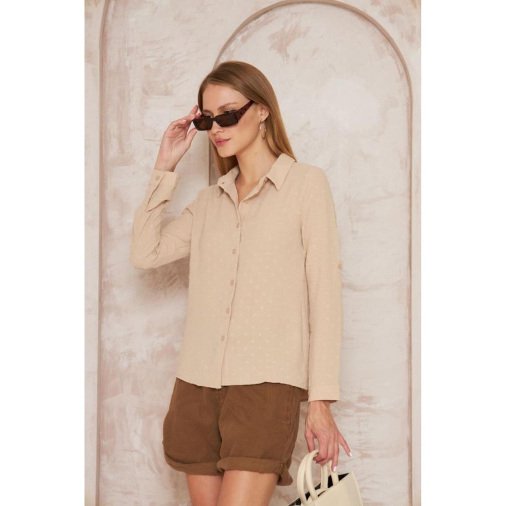 Pasaklı Giyim Pasaklı Giyim Ponponlu Slim Fit Uzun Kollu Gömlek Taş - Premium Kadın Giyim