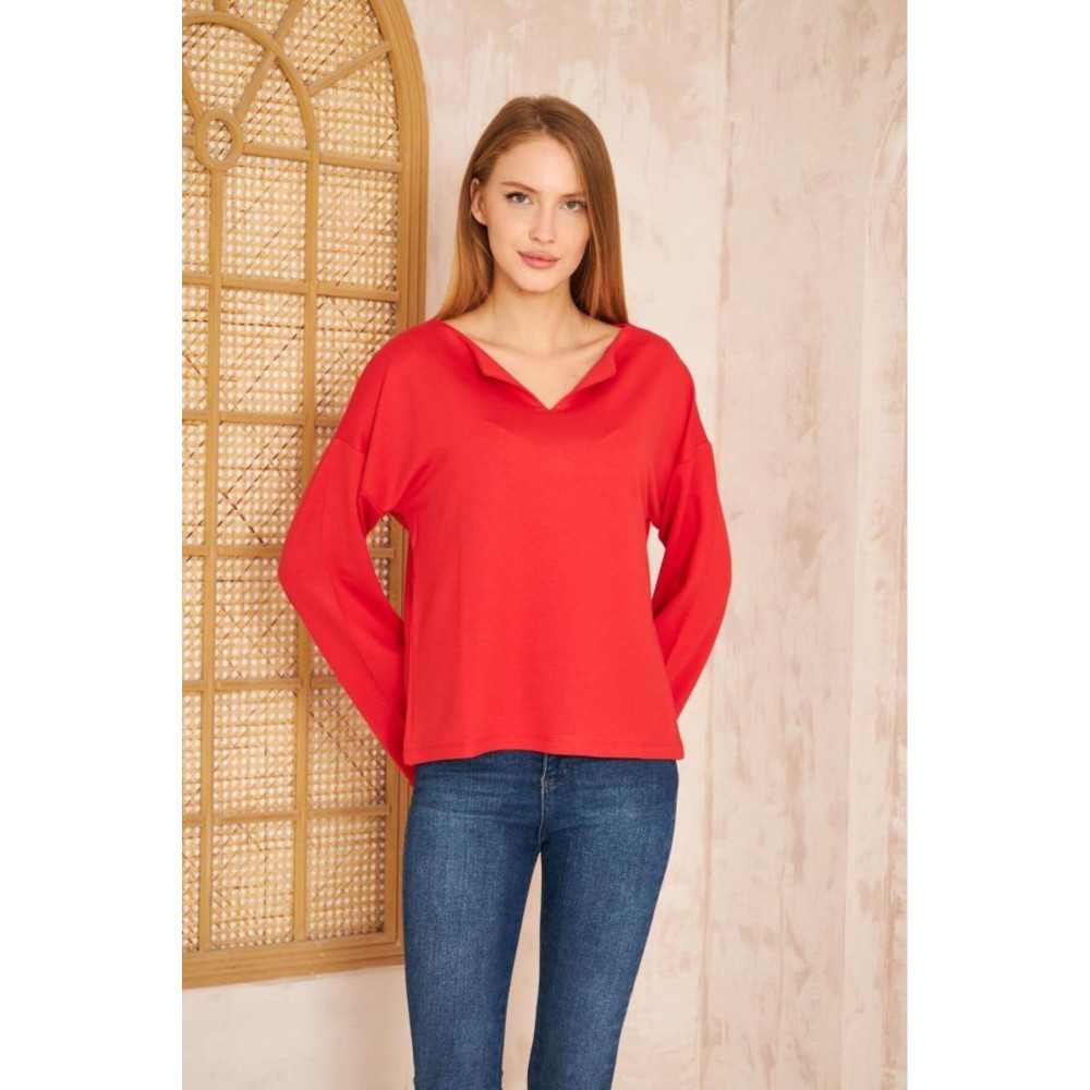 Pasaklı Giyim Pasaklı Giyim Kadın Duble Kol / Yakası Yırtmaçlı Salaş Sweatshirt Kırmızı - Premium Kadın Giyim