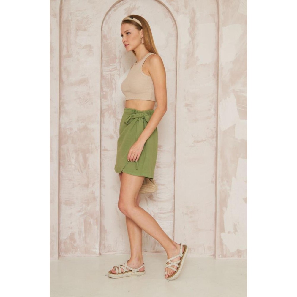 Pasaklı Giyim Pasaklı Giyim Kadın Müslin Pamuk Yandan Bağlamalı Şort Etek Haki - Premium Kadın Giyim