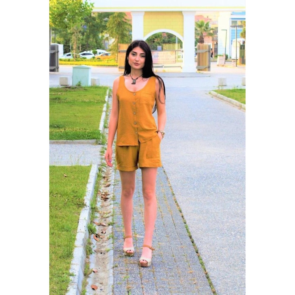 Pasaklı Giyim Pasaklı Giyim Kadın Düğmeli Askılı Bluz Hardal - Premium Kadın Giyim