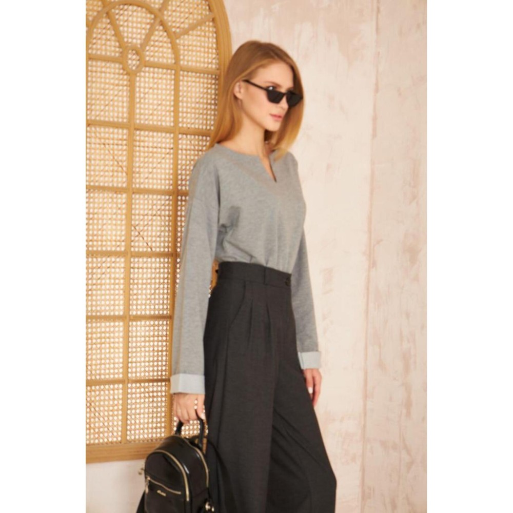 Pasaklı Giyim Pasaklı Giyim Kadın Duble Kol / Yakası Yırtmaçlı Salaş Sweatshirt Gri - Premium Kadın Giyim