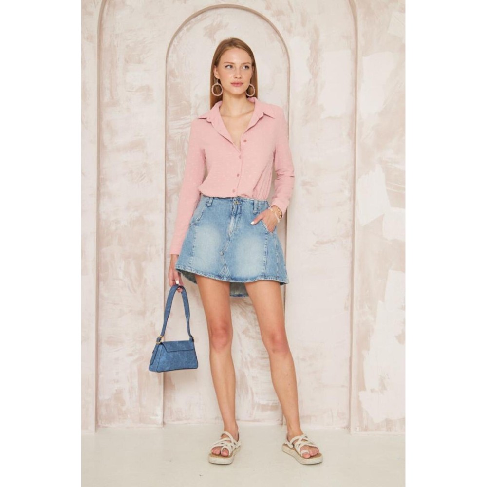 Pasaklı Giyim Pasaklı Giyim Ponponlu Slim Fit Uzun Kollu Gömlek Pudra - Premium Kadın Giyim