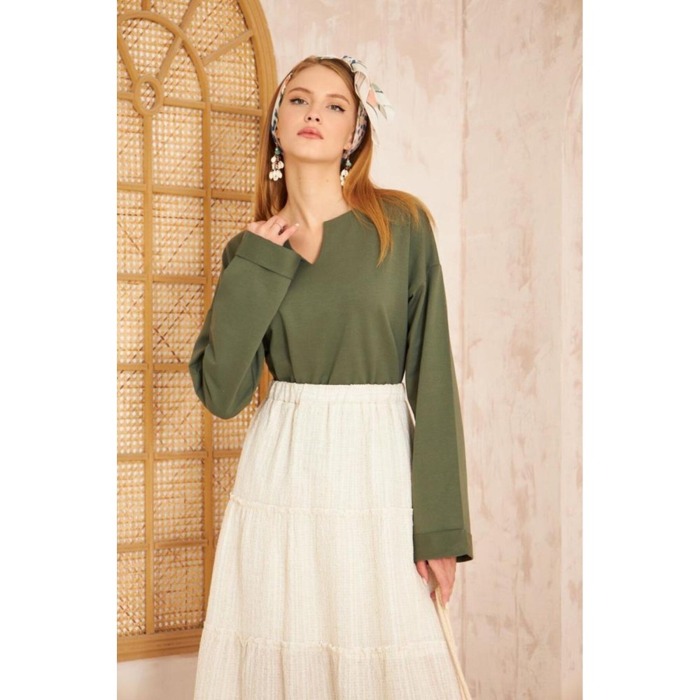 Pasaklı Giyim Pasaklı Giyim Kadın Duble Kol / Yakası Yırtmaçlı Salaş Sweatshirt Haki - Premium Kadın Giyim