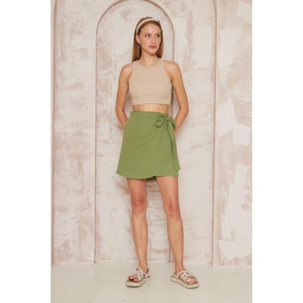 Pasaklı Giyim Pasaklı Giyim Kadın Müslin Pamuk Yandan Bağlamalı Şort Etek Haki - Premium Kadın Giyim