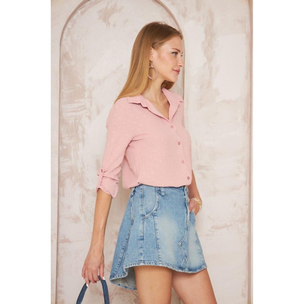 Pasaklı Giyim Pasaklı Giyim Ponponlu Slim Fit Uzun Kollu Gömlek Pudra - Premium Kadın Giyim