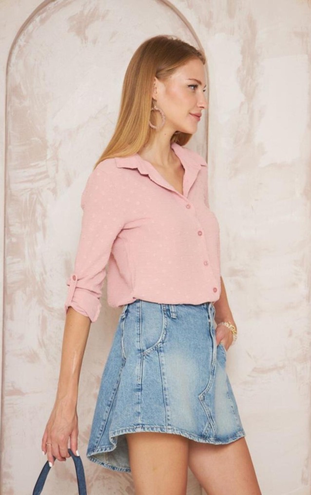 Pasaklı Giyim  Ponponlu Slim Fit Uzun Kollu Gömlek 3621240 Pudra