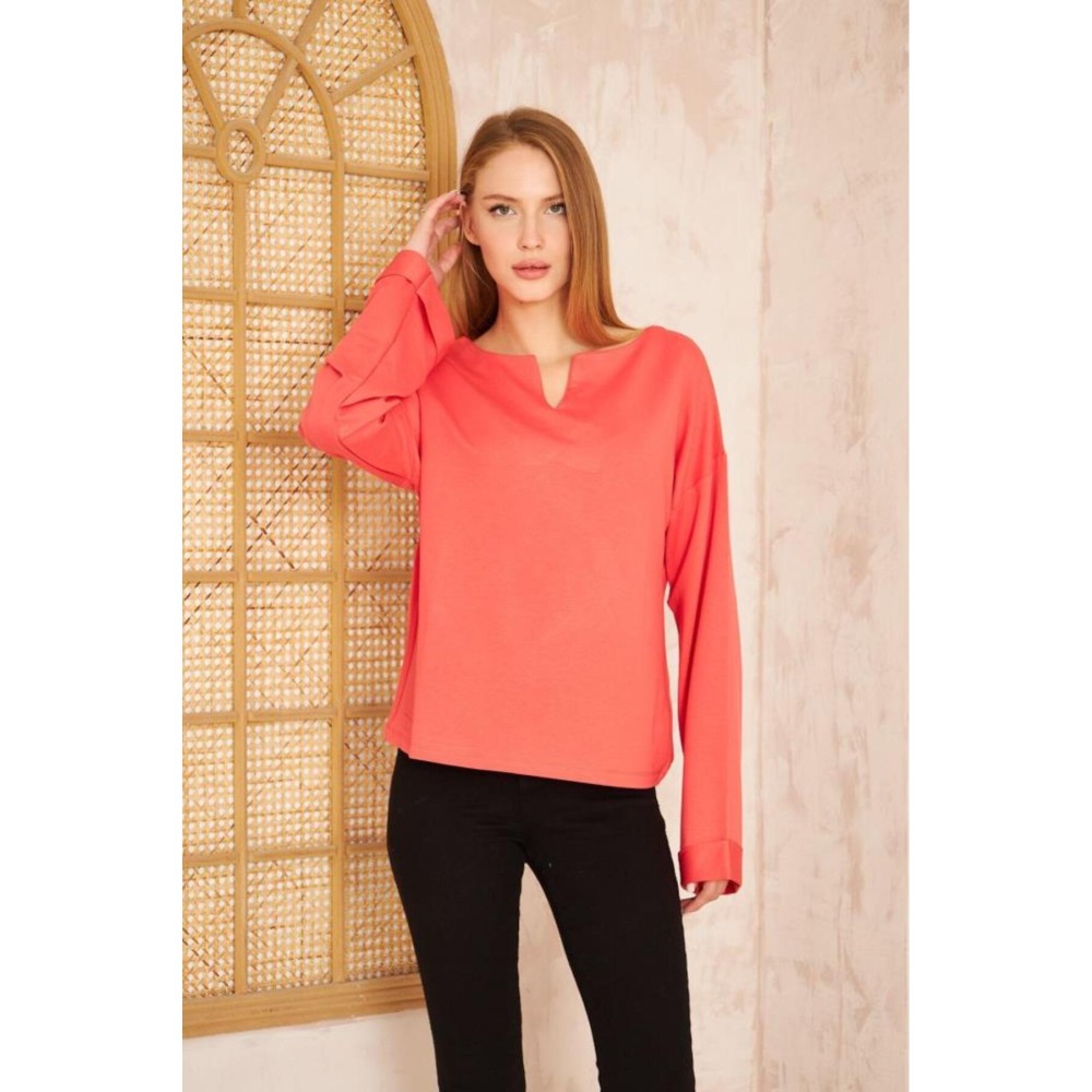 Pasaklı Giyim Pasaklı Giyim Kadın Duble Kol / Yakası Yırtmaçlı Salaş Sweatshirt Mercan - Premium Kadın Giyim