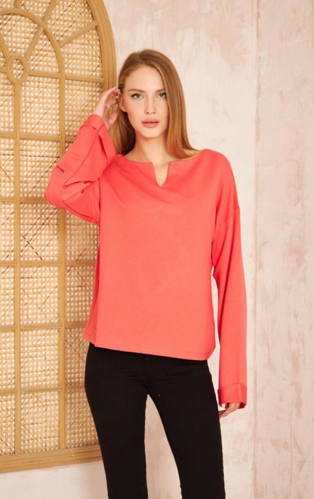 Pasaklı Giyim Kadın Duble Kol / Yakası Yırtmaçlı Salaş Sweatshirt 3470190 Mercan