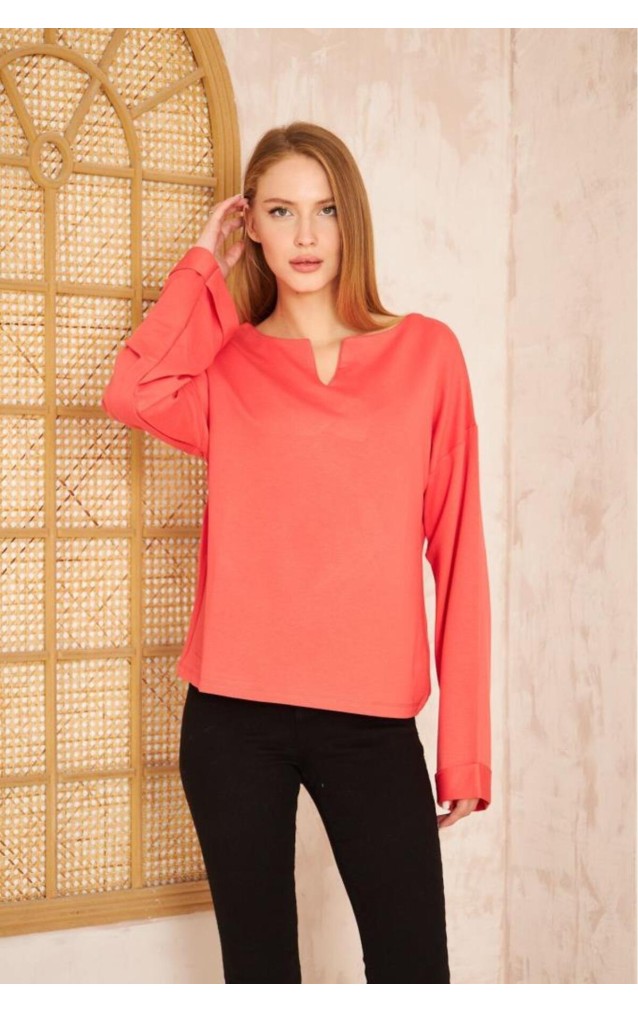 Pasaklı Giyim Kadın Duble Kol / Yakası Yırtmaçlı Salaş Sweatshirt 3470190 Mercan