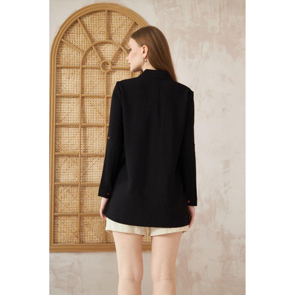 Pasaklı Giyim Pasaklı Giyim Kadın Premium Keten Harf Nakış Işlemeli Yanları Düğme Arkası Oval Gömlek Siyah - Premium Kadın Giyim