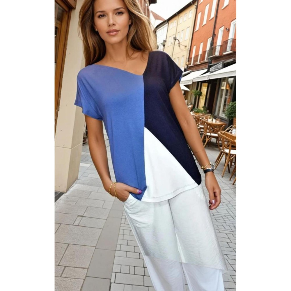 Pasaklı Giyim Pasaklı Giyim Kadın Renk Bloklu Kısa Kollu Salaş Penye T-shirt İndigo Beyaz - Premium Kadın Giyim