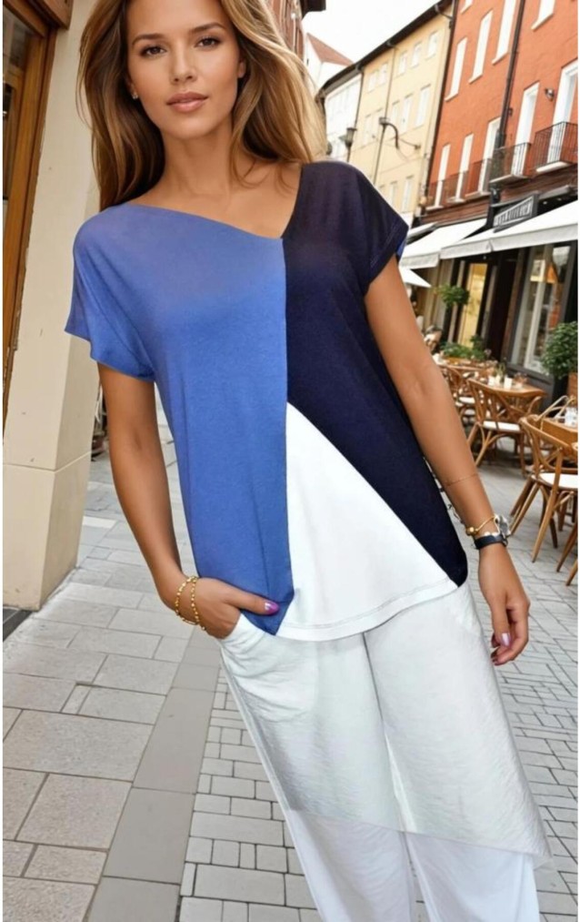 Pasaklı Giyim Kadın Renk Bloklu Kısa Kollu Salaş Penye T-shirt 3207200 İndigo Beyaz