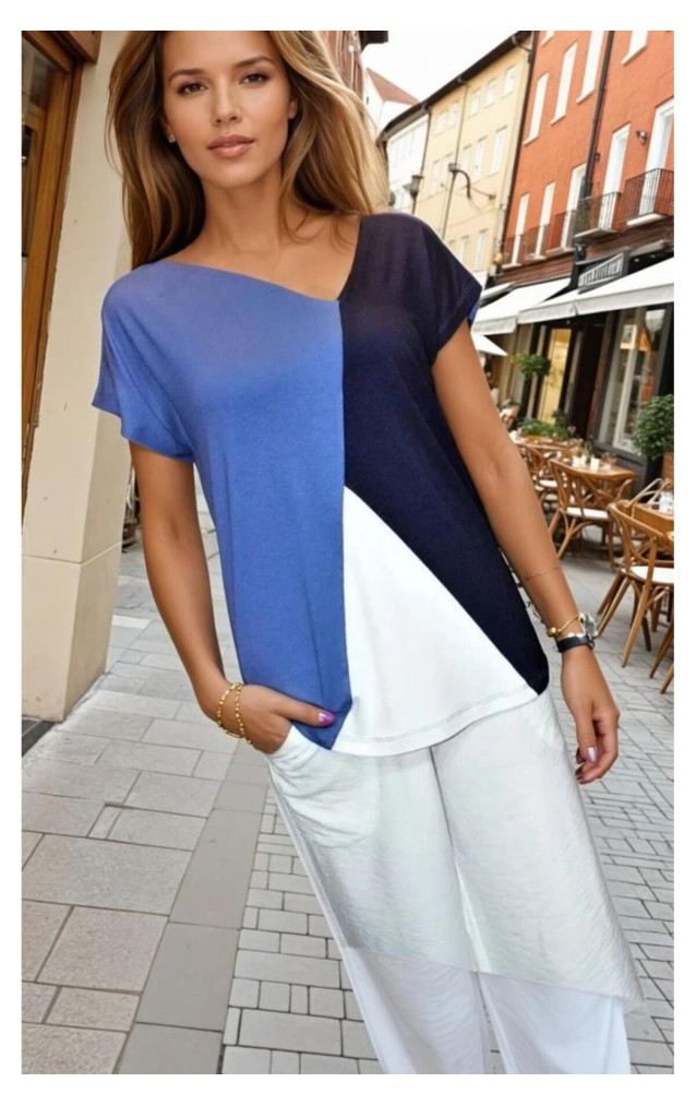 Pasaklı Giyim Kadın Renk Bloklu Kısa Kollu Salaş Penye T-shirt 3207200 İndigo Beyaz