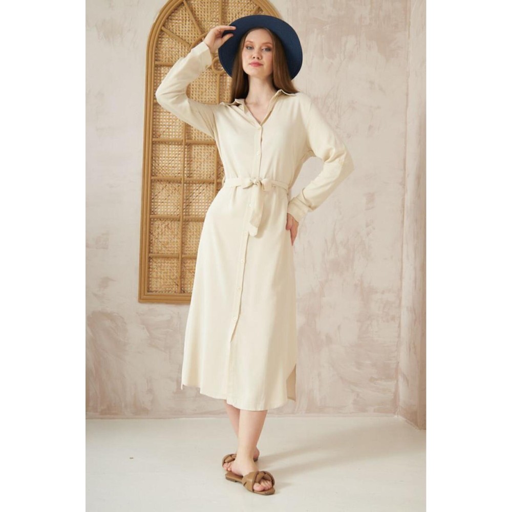 Pasaklı Giyim Pasaklı Giyim Kadın %100 Viskon Tam Boy Gömlek Elbise -1490363 Taş - Premium Kadın Giyim