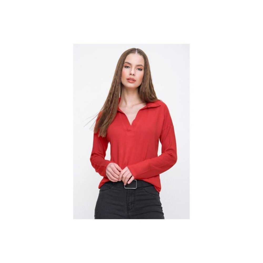 Pasaklı Giyim Pasaklı Giyim Kadın Polo Yaka Keten Bluz Kırmızı - Premium Kadın Giyim