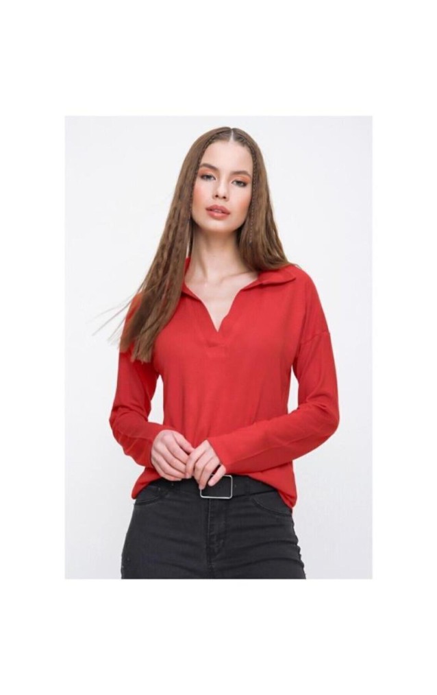 Pasaklı Giyim Kadın Polo Yaka Keten Bluz 2749 Kırmızı