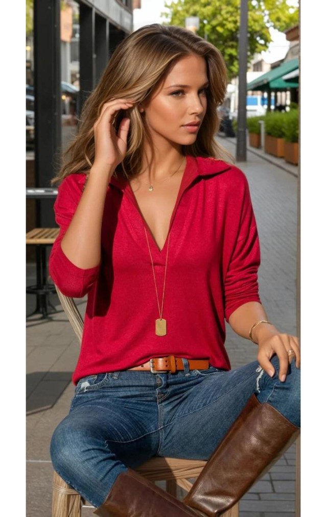 Pasaklı Giyim Kadın Polo Yaka Keten Bluz 2749 Kırmızı