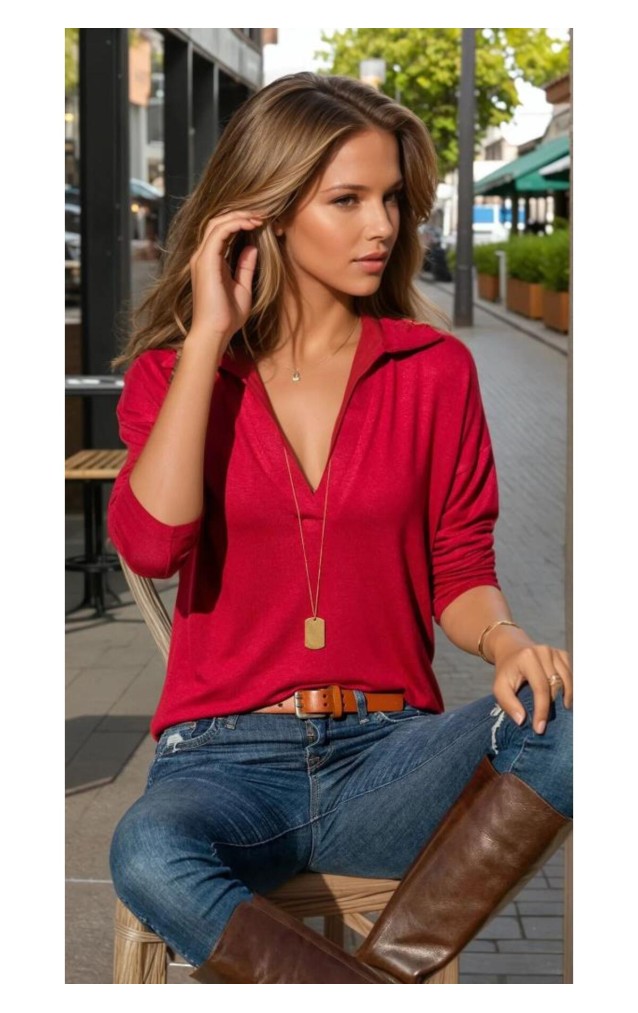 Pasaklı Giyim Kadın Polo Yaka Keten Bluz 2749 Kırmızı