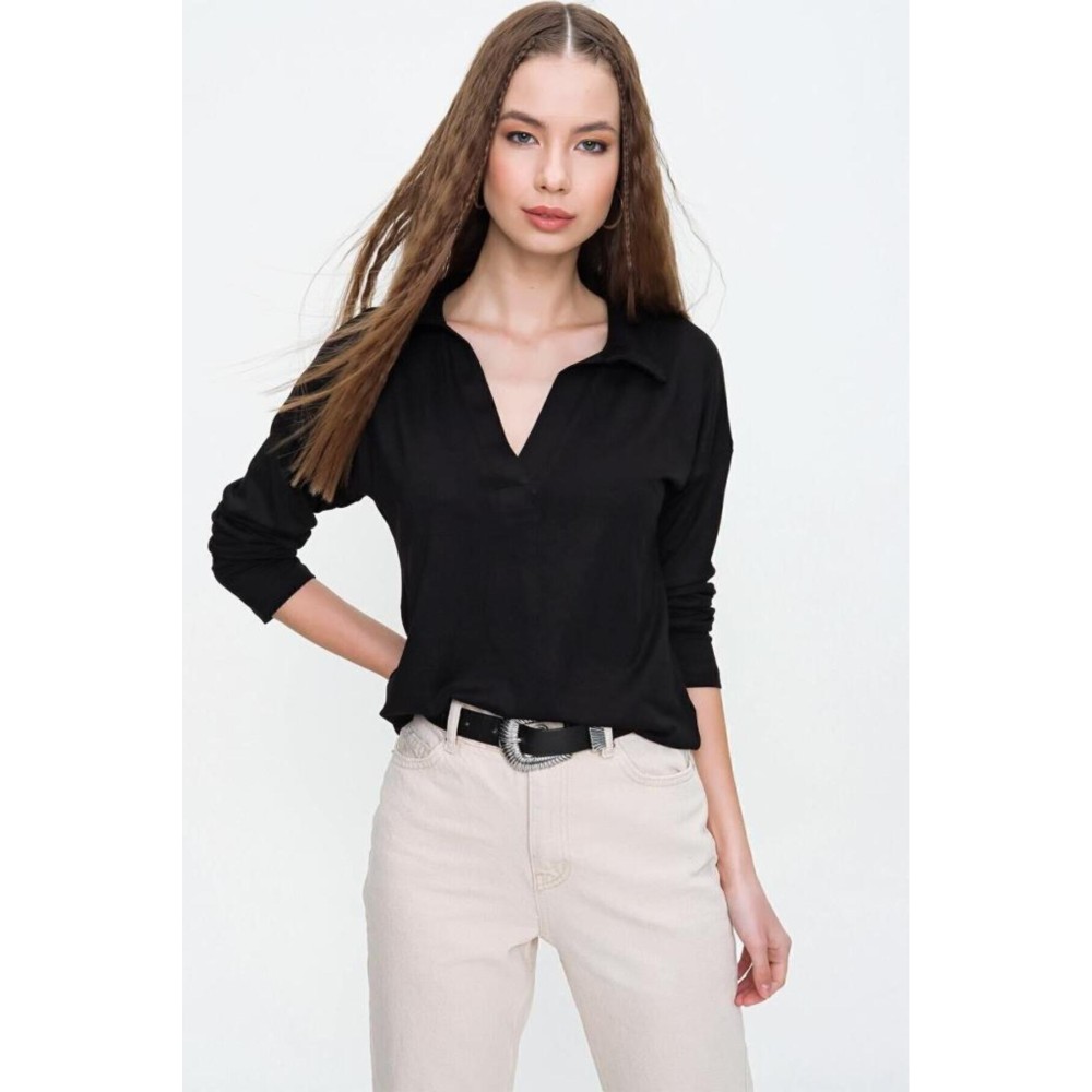 Pasaklı Giyim Pasaklı Giyim Kadın Polo Yaka Keten Bluz Siyah - Premium Kadın Giyim