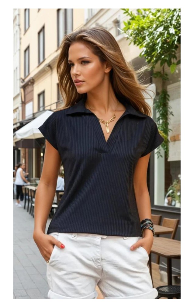 Pasaklı Giyim Kadın Kaşkorse Viskon Polo Yaka T-shirt 2879242 Siyah