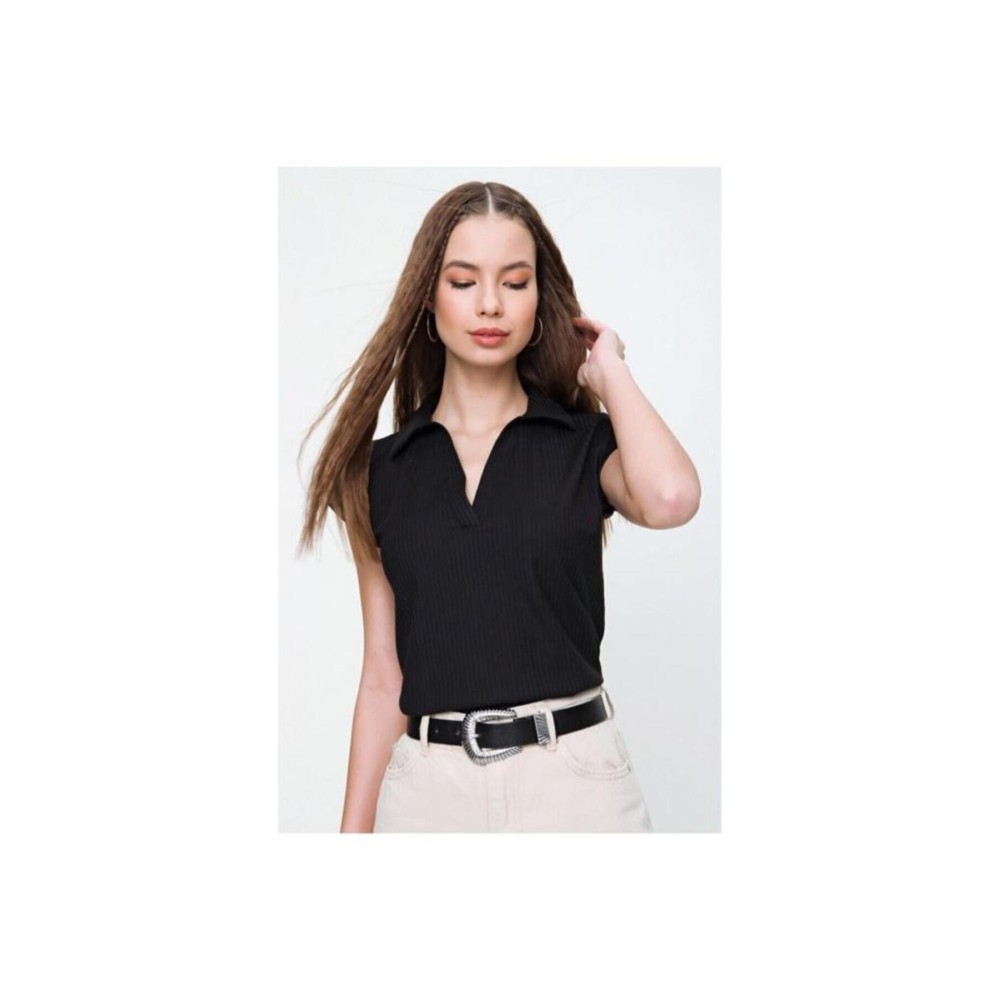 Pasaklı Giyim Pasaklı Giyim Kadın Kaşkorse Viskon Polo Yaka T-shirt Siyah - Premium Kadın Giyim