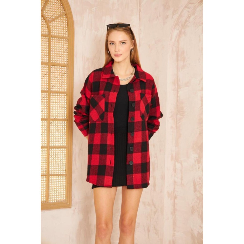 Pasaklı Giyim Pasaklı Giyim Kadın Kaşe Ekose Oduncu Gömlek Kırmızı - Premium Kadın Giyim