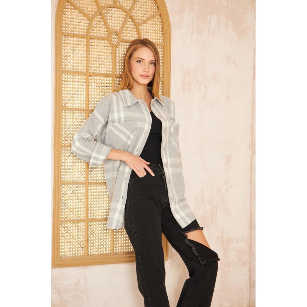 Pasaklı Giyim Pasaklı Giyim Kadın Kaşe Ekose Oduncu Gömlek Açık Gri - Premium Kadın Giyim