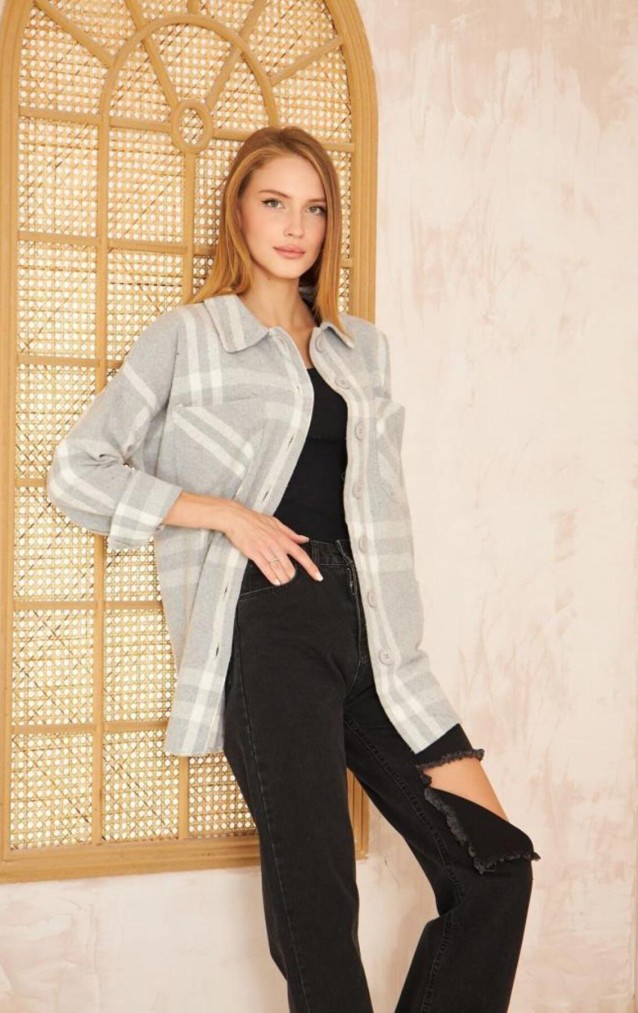 Pasaklı Giyim Kadın Kaşe Ekose Oduncu Gömlek 3539363 Açık Gri