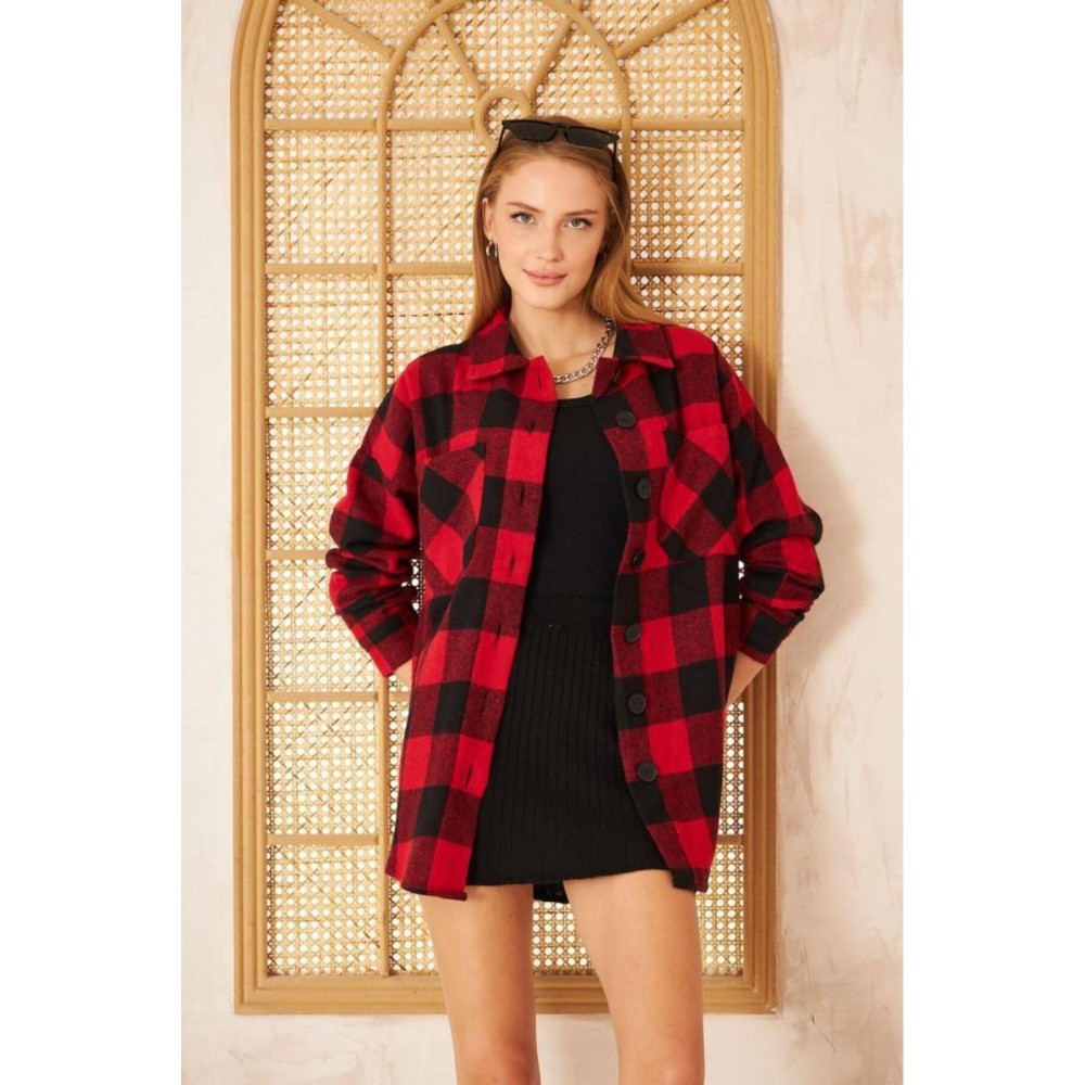 Pasaklı Giyim Pasaklı Giyim Kadın Kaşe Ekose Oduncu Gömlek Kırmızı - Premium Kadın Giyim