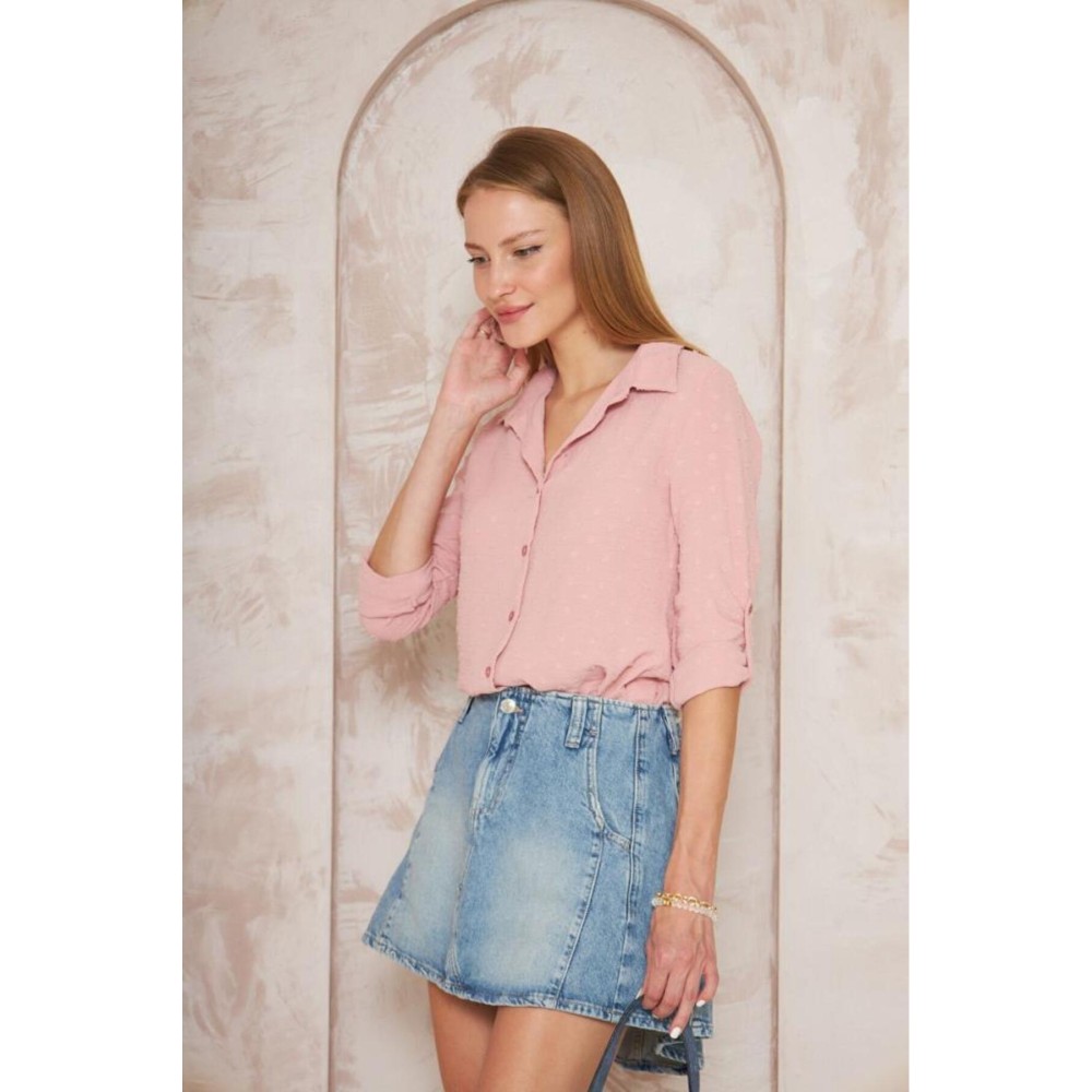 Pasaklı Giyim Pasaklı Giyim Ponponlu Slim Fit Uzun Kollu Gömlek Pudra - Premium Kadın Giyim